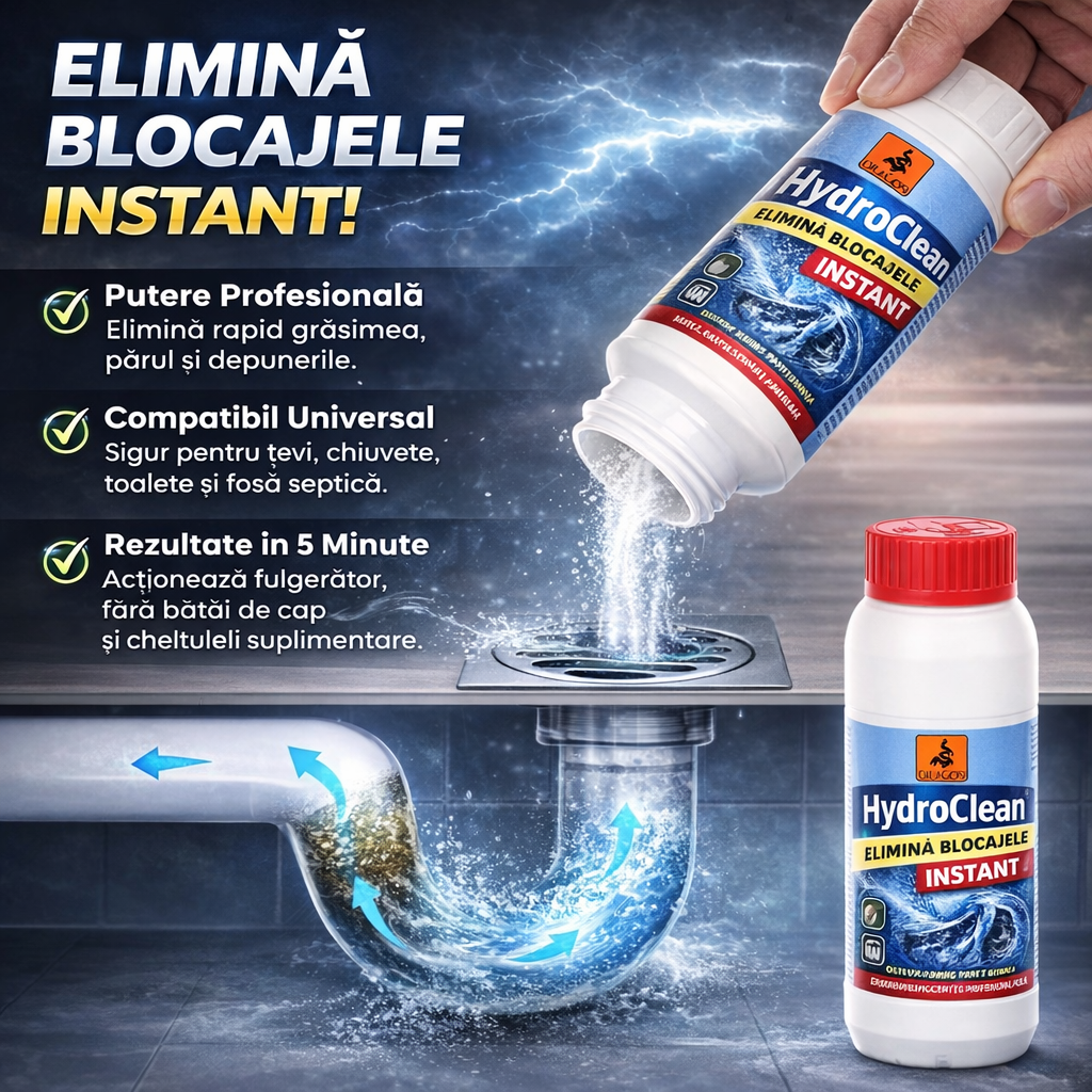HydroClean - Elimină rapid și definitiv blocajele din țevi, dizolvând părul, grăsimea și depunerile dure