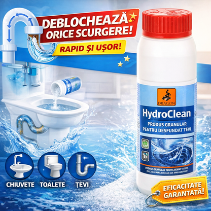 HydroClean - Elimină rapid și definitiv blocajele din țevi, dizolvând părul, grăsimea și depunerile dure